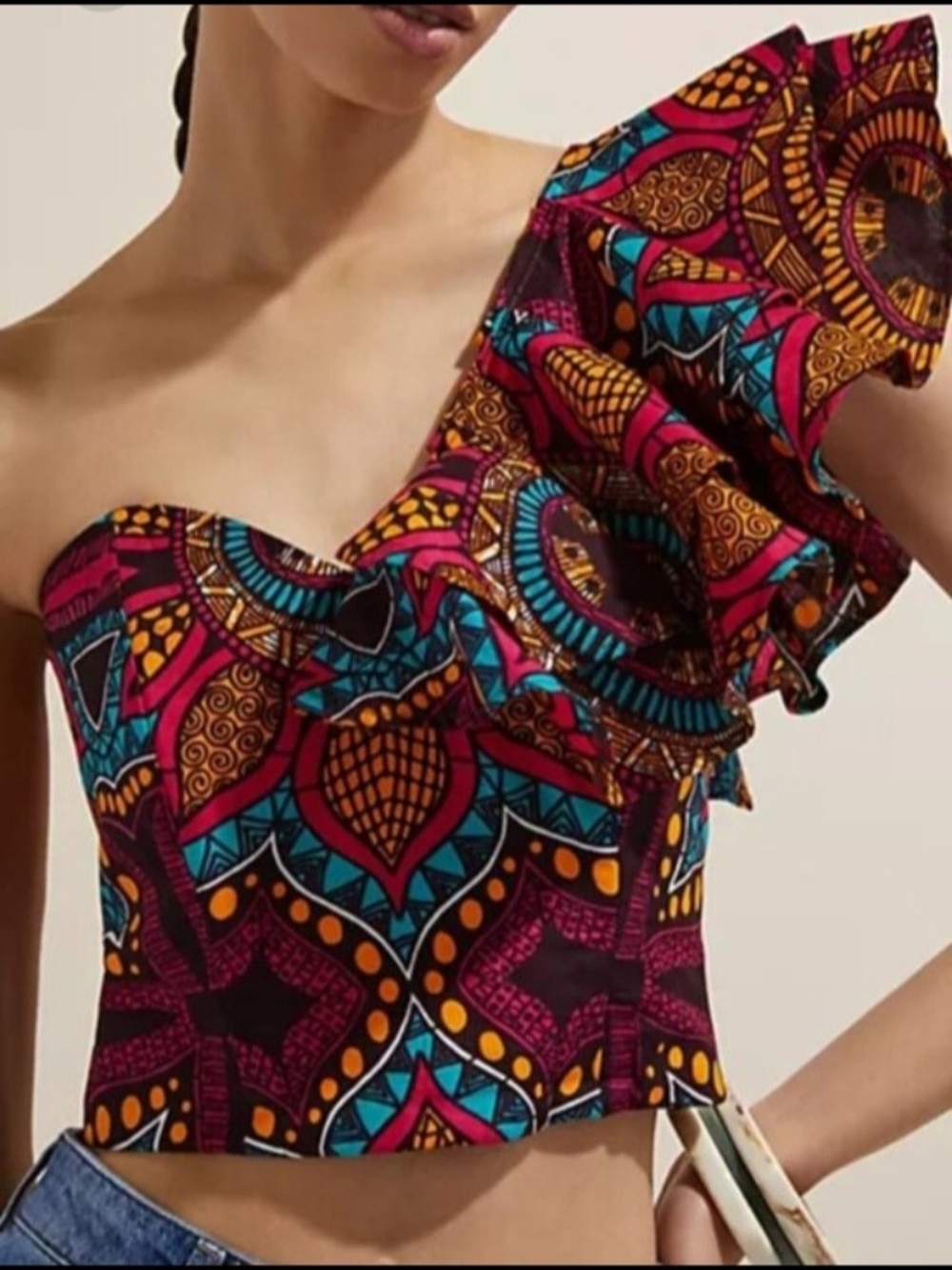 One-Shoulder Ruffle Crop Top in Multicolor Print - Picture 4 of 5